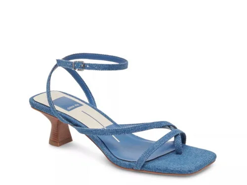 Denim Ankle-Strap Heeled Sandals